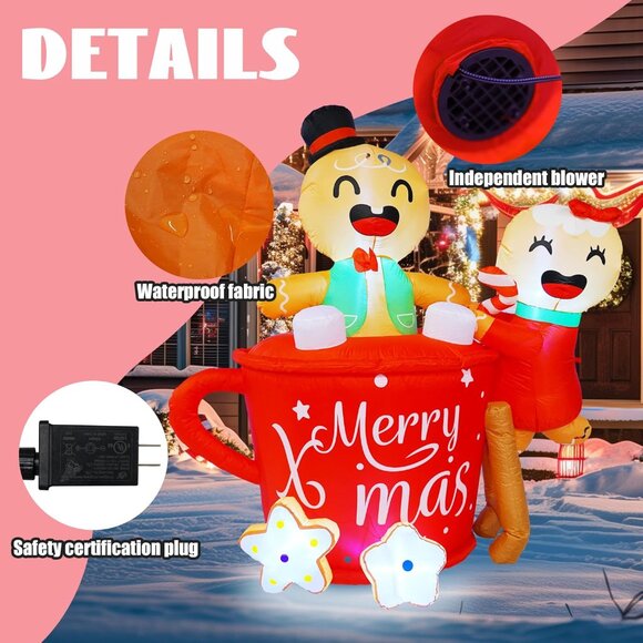 ⚡6 FT Christmas Inflatables Gingerbread Man in Hot Cocoa Mug Outdoor Decorations - Picture 5 of 7